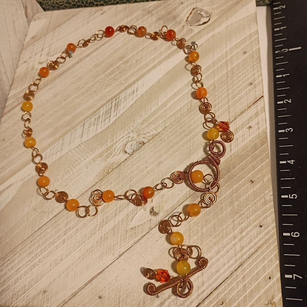 Handmade Necklace With Yellow Agate Wire Wrapped With Bronze Metal